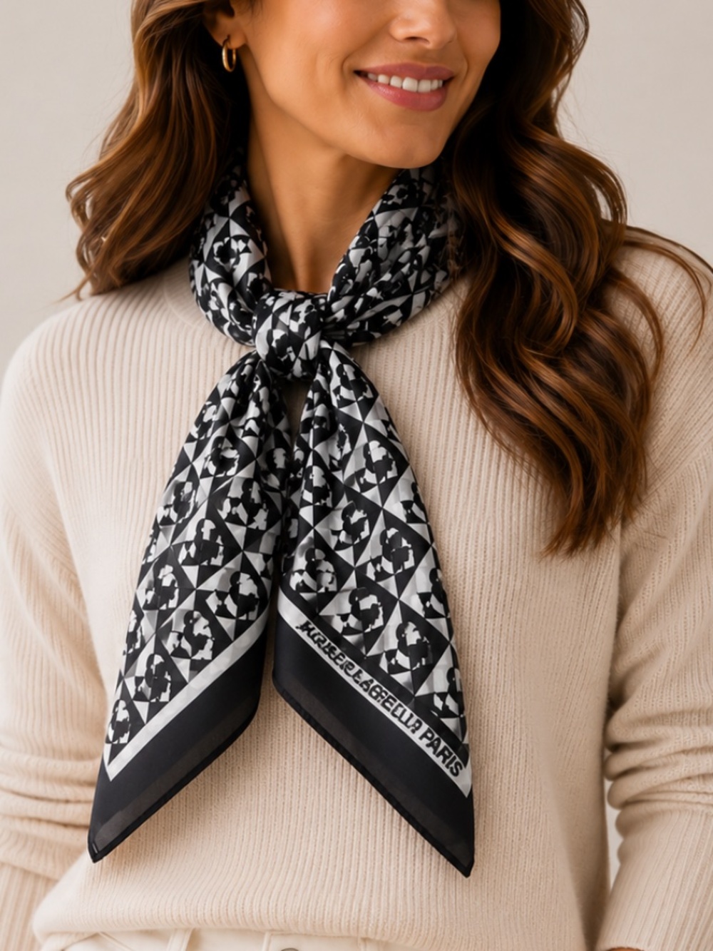 NWT Karl Lagerfeld Paris Geo Graphic Square Scarf Head Logo Black White 36x36